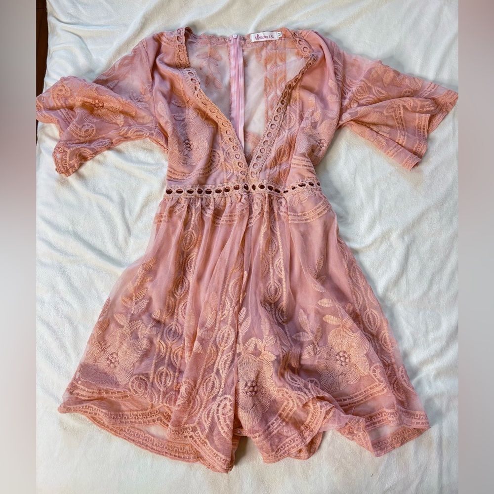 Pink Lace Dress with Eyelet Details